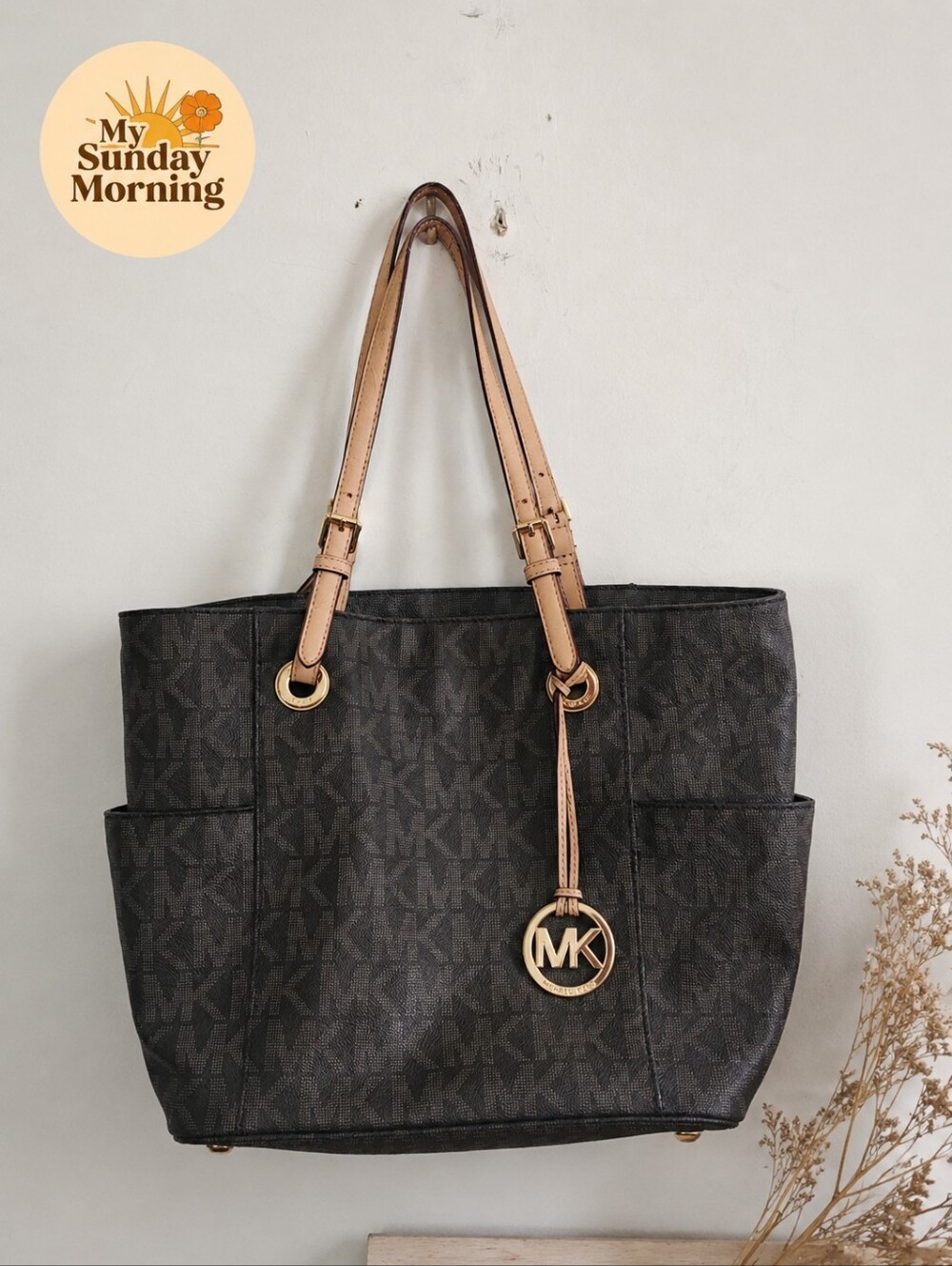 Michael Kors MK Signature Logo Tote Brown Tan Gold Hardware Shoulder Bag